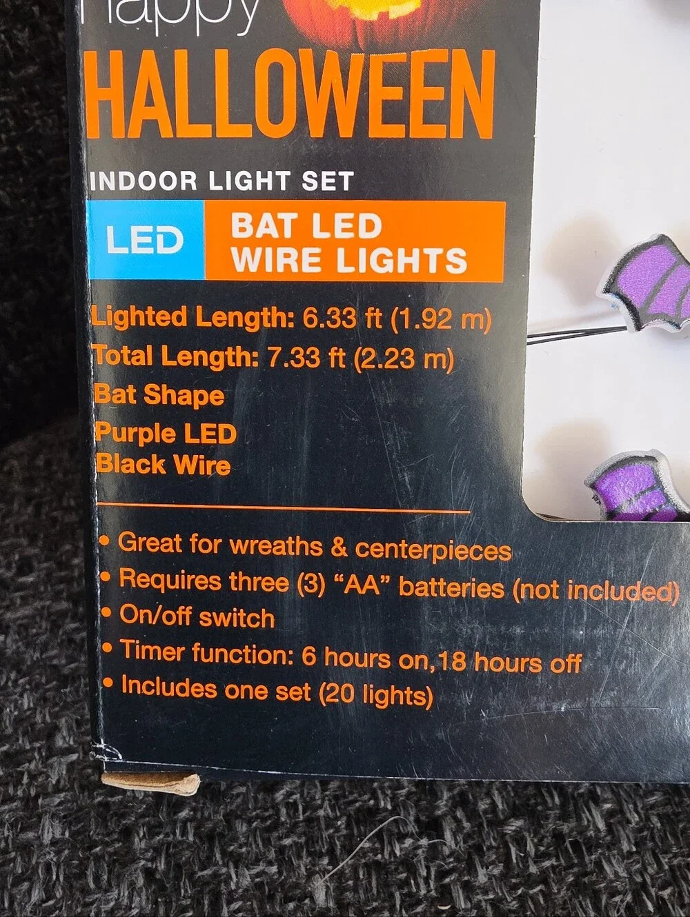 NIB Happy Halloween LED Pumpkin & BATS Wired String Lights Purple & Orange